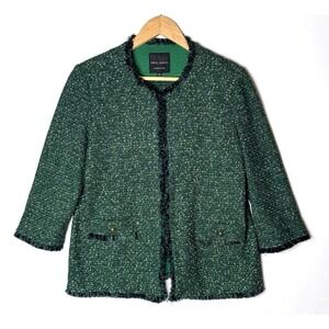 Ming Wang Sapphire Metallic Tweed Knit Fringe Jacket Blazer Career Old Money